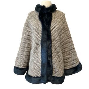 MARIA SOLE Made in Italy Sz S/M Alpaca Wool Blend Poncho Faux Fur Tan Blue